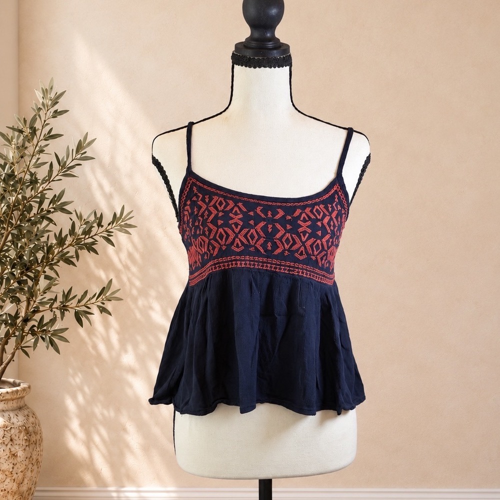 Sim & Sam Navy Blue Embroidered Boho Babydoll Cami Tank Top Small